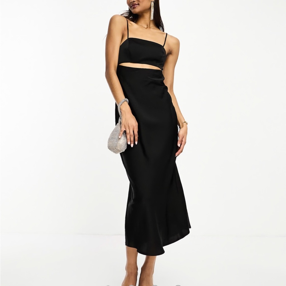 NWOT ASOS DESIGN satin cut out midi dress in black size 10